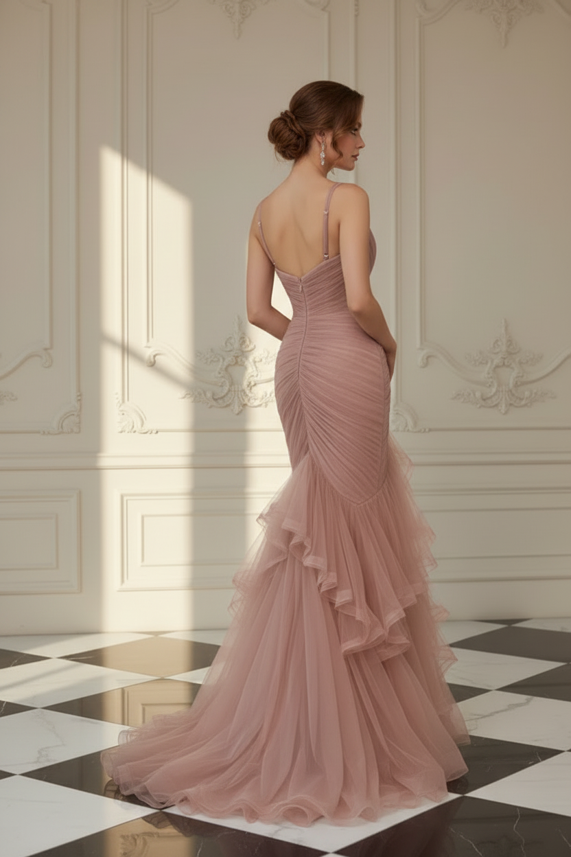 Ruched Tulle Mermaid Ruffle Evening Gown