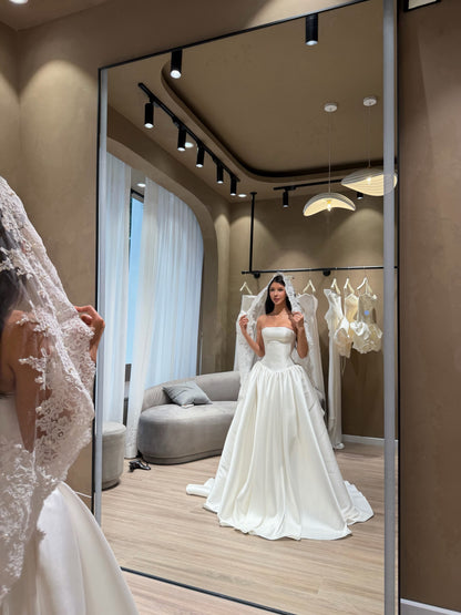 Strapless Satin Ball Gown with Lace Veil