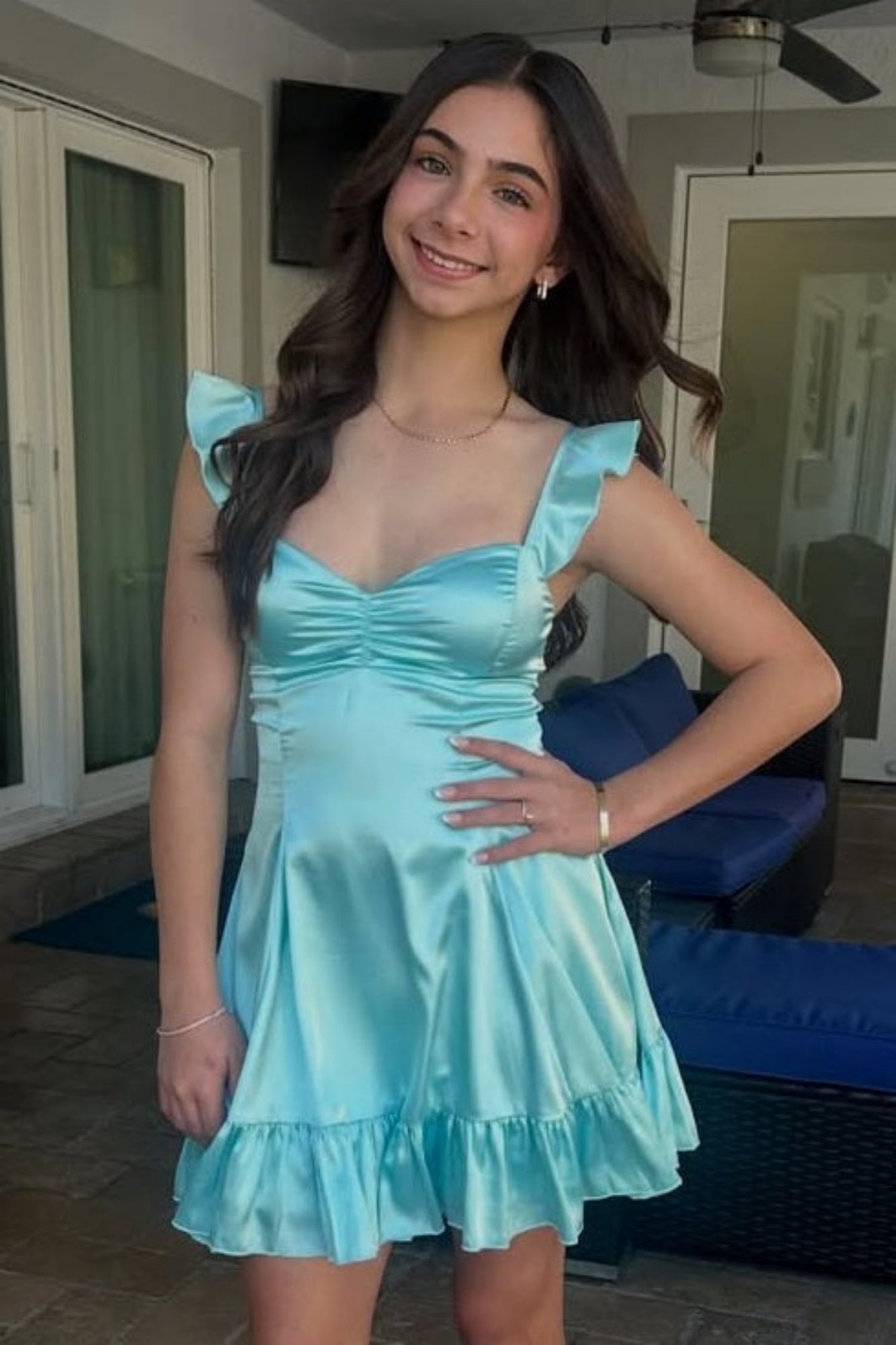 Satin Ruffle Strap Mini Dress with Sweetheart Neck