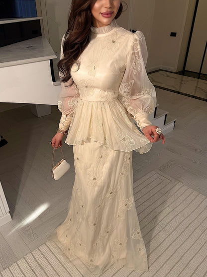 Embroidered High-Neck Peplum Maxi Dress with Sleeves