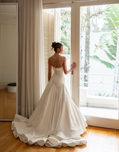 Strapless Drop Waist Satin Ball Gown Wedding Dress