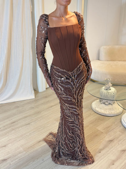 Corset Beaded Mermaid Gown with Long Sleeves