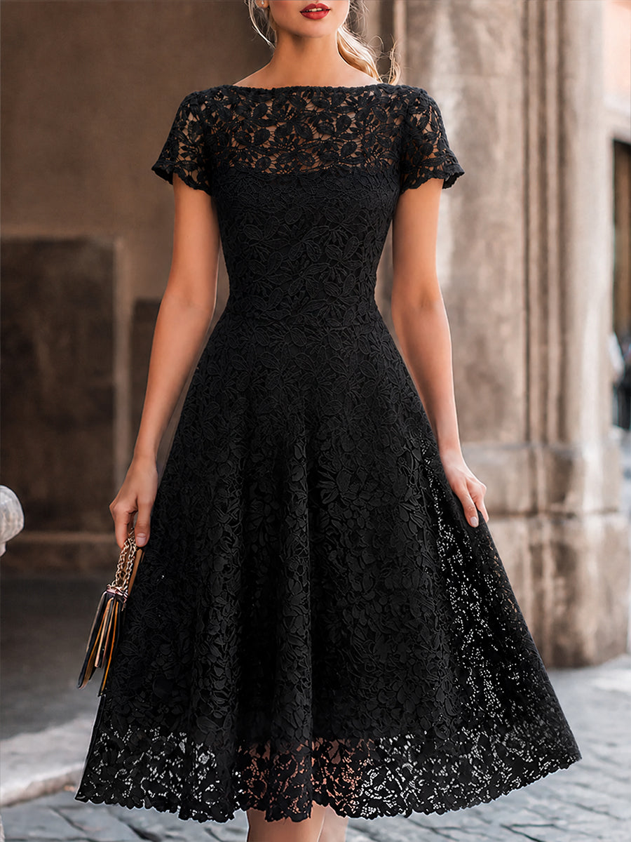 Short Sleeve Floral Lace A-Line Midi Dress