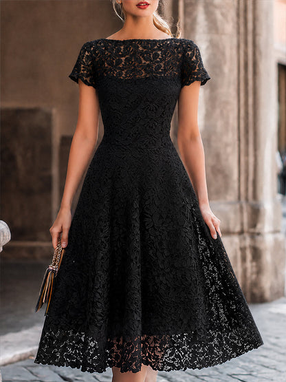 Short Sleeve Floral Lace A-Line Midi Dress