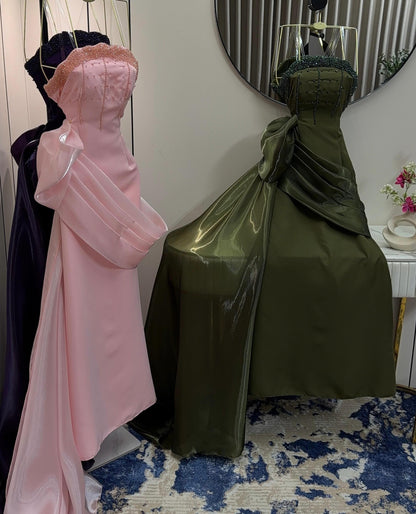 Strapless Beaded Satin Mermaid Gown with Draping