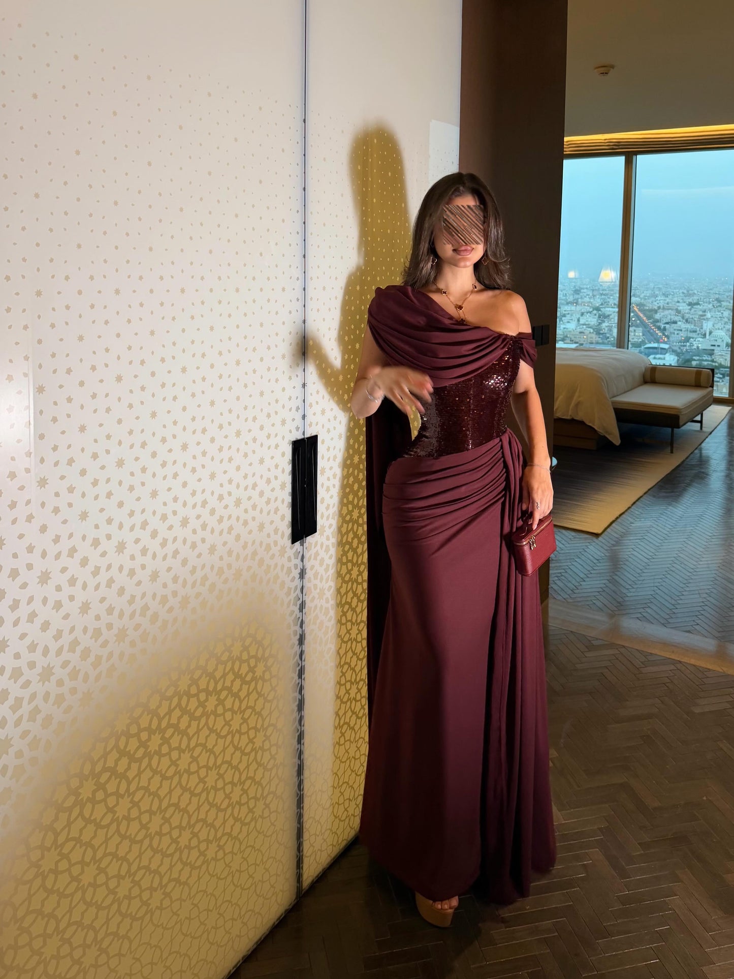 Asymmetrical Sequin Corset Cape Evening Gown