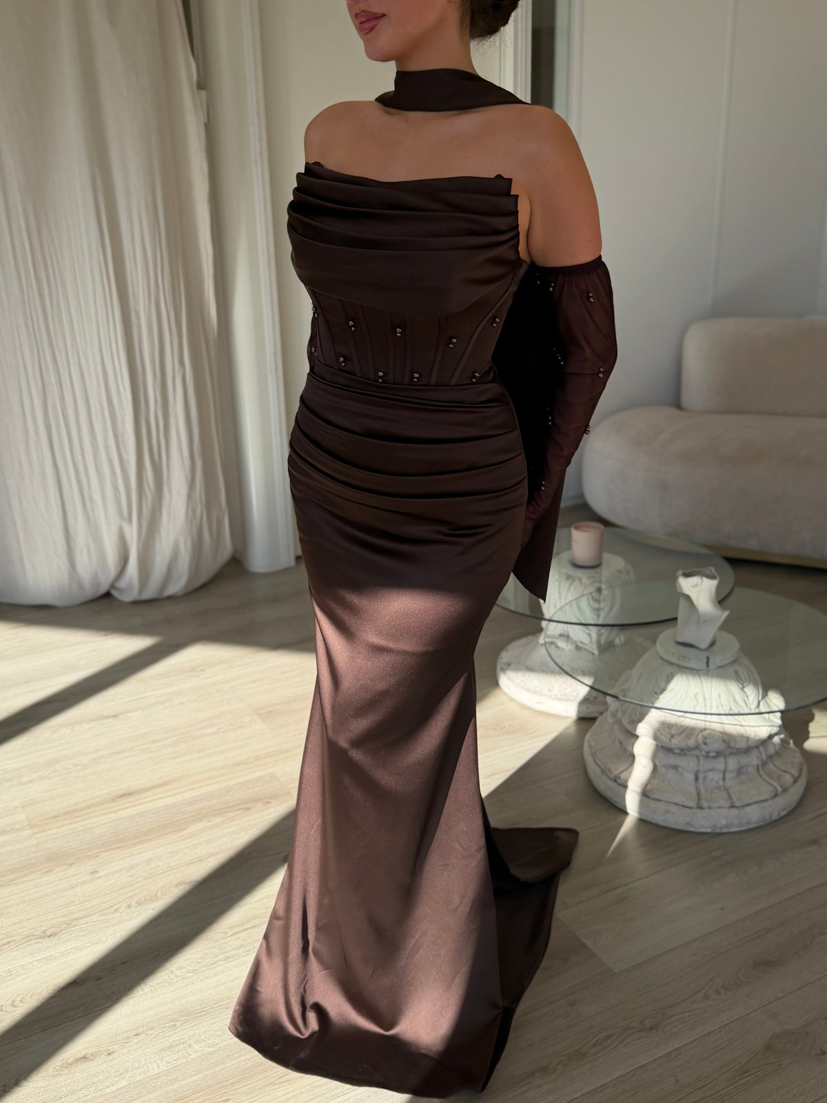 Strapless Corset Satin Gown with Embellished Gloves