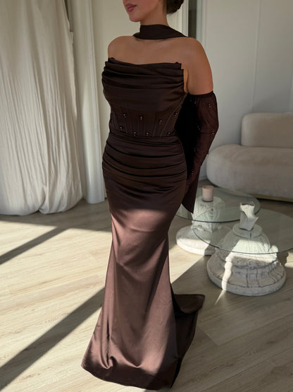 Strapless Corset Satin Gown with Embellished Gloves