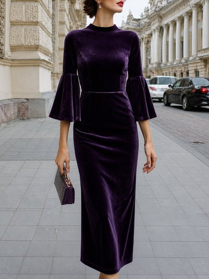 High-Neck Bell-Sleeve Velvet Midi Dress