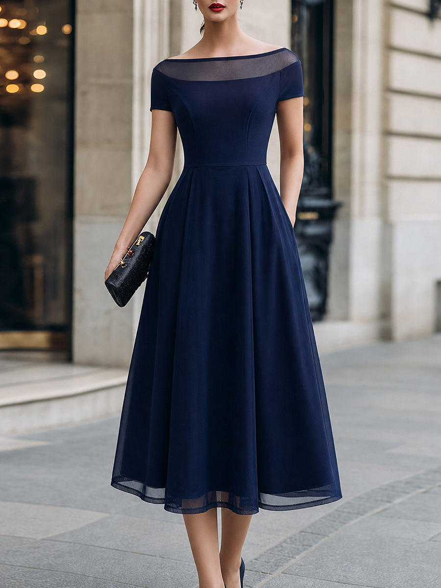 Illusion Neckline Short Sleeve A-Line Midi Dress