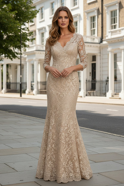 Lace Sheath Evening Gown with V-Neckline and 3/4 Sleeves