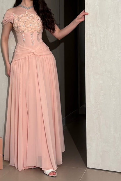 Off-Shoulder Beaded Applique Chiffon Evening Gown
