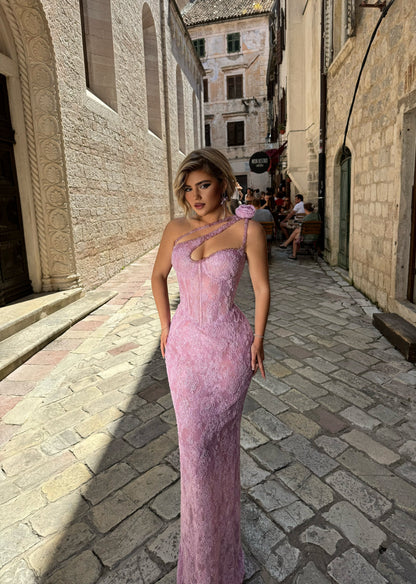 One-Shoulder Lace Corset Evening Gown