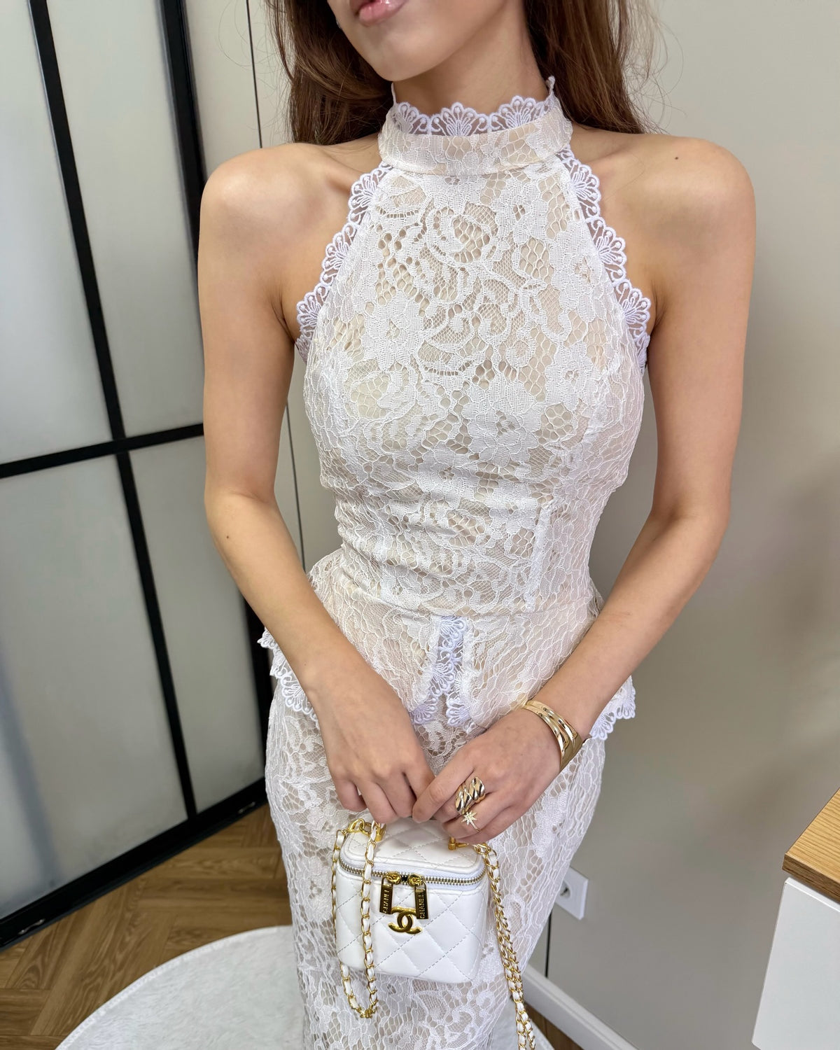 Halter High Neck Peplum Lace Mermaid Maxi Dress