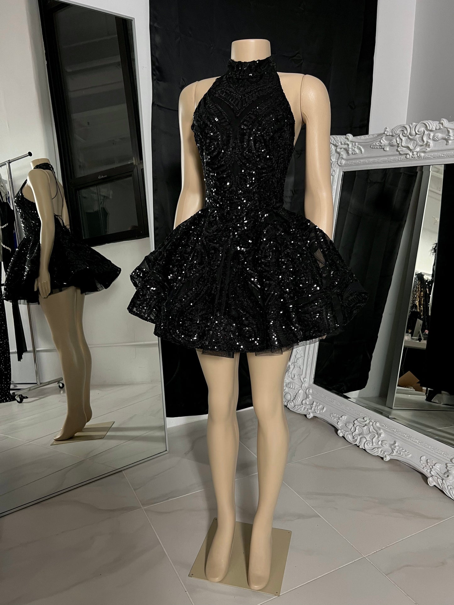 Halter Neck Sequin Mini Dress with Tiered Skirt