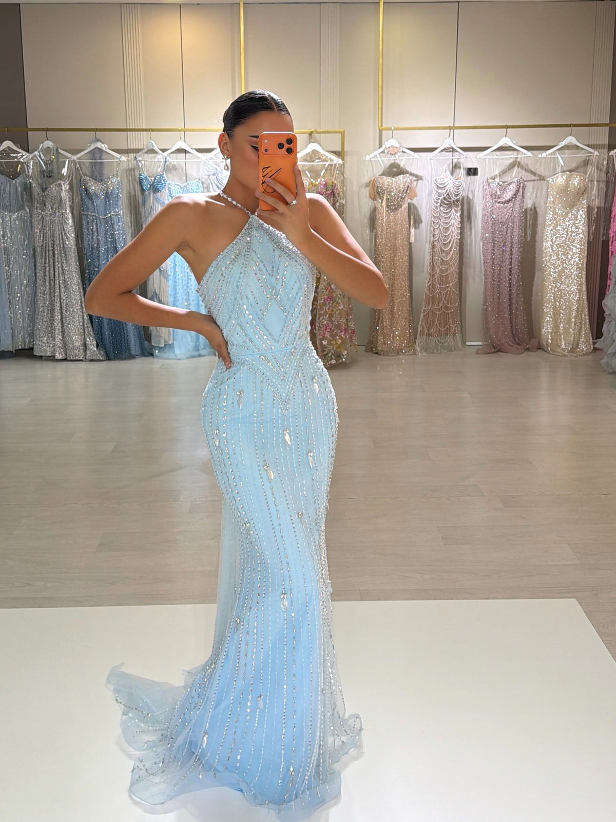 Halter Beaded Mermaid Gown with Diamond Pattern