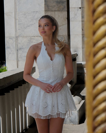 Eyelet Halter Mini Dress with Tiered Ruffle Skirt