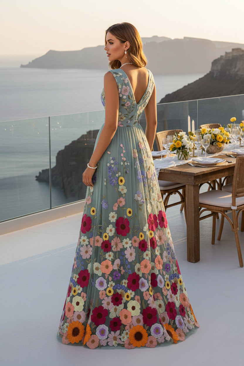 Floral Embroidered V-Neck A-Line Maxi Dress