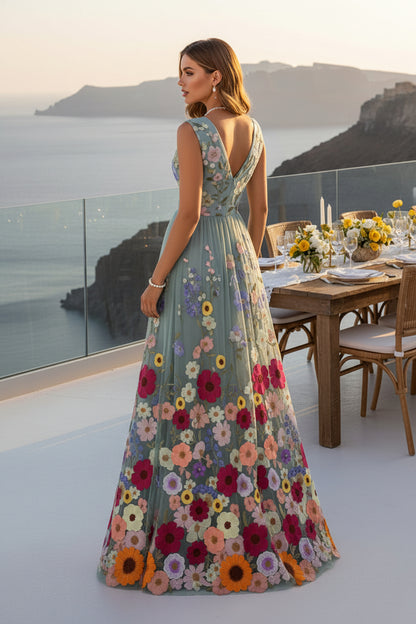 Floral Embroidered V-Neck A-Line Maxi Dress
