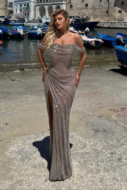 Off-the-Shoulder Shimmering Slit Evening Gown