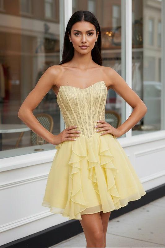 Strapless Beaded Corset Ruffled Mini Dress