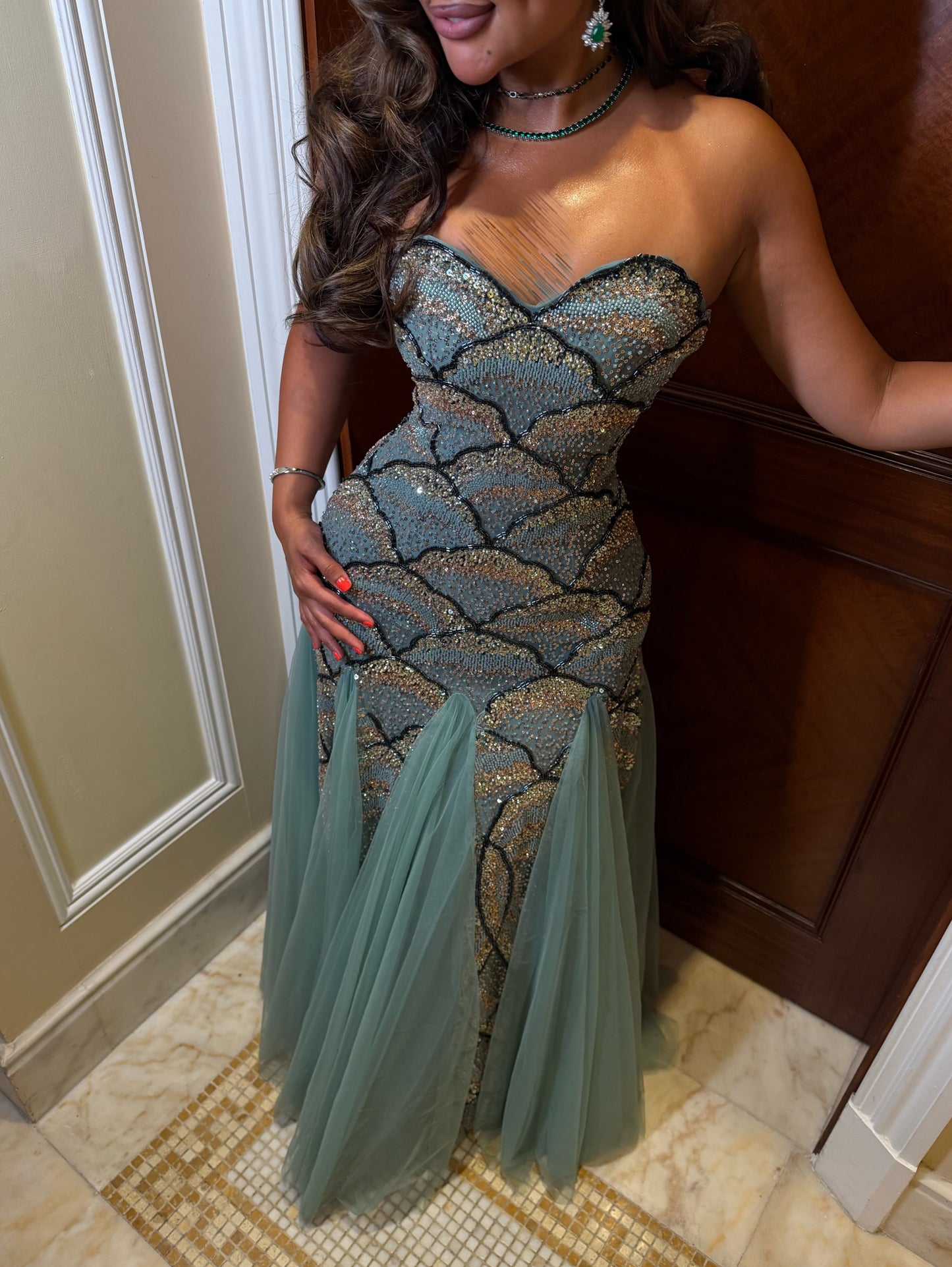 Sequin Mermaid Bodice Tulle Evening Gown