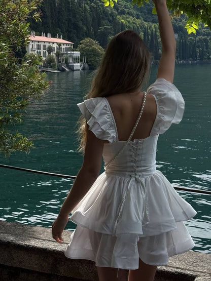 Corset Tiered Mini Dress with Flutter Sleeves