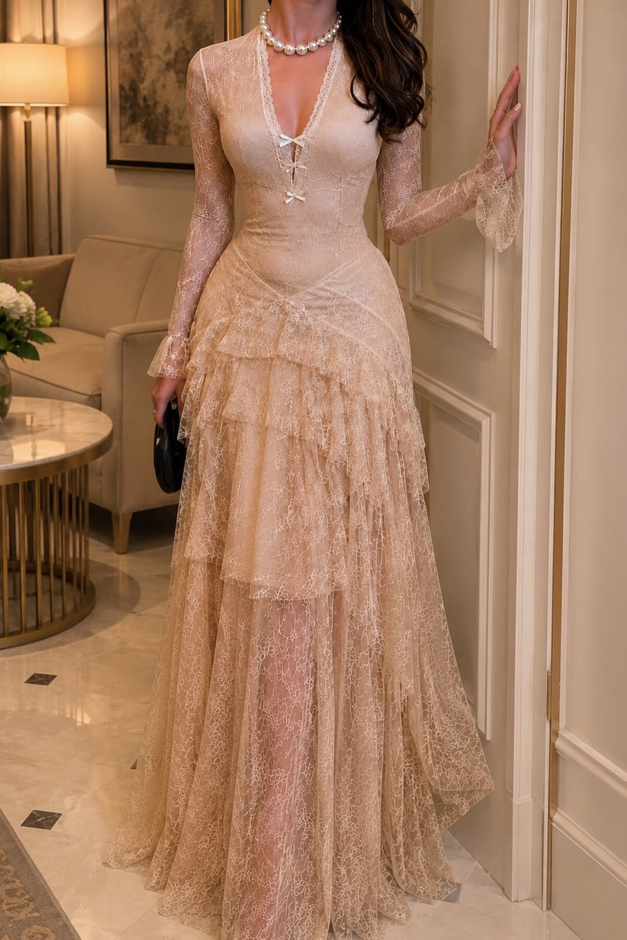 Vintage Inspired Tiered Lace Evening Gown