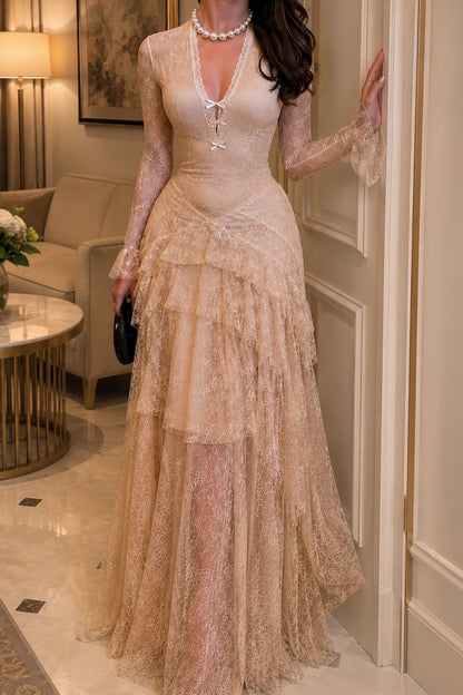 Vintage Inspired Tiered Lace Evening Gown