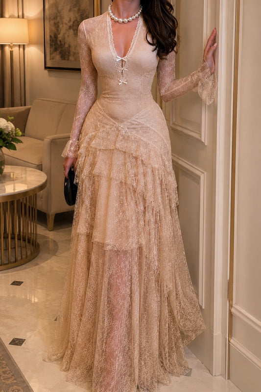 Vintage Inspired Tiered Lace Evening Gown