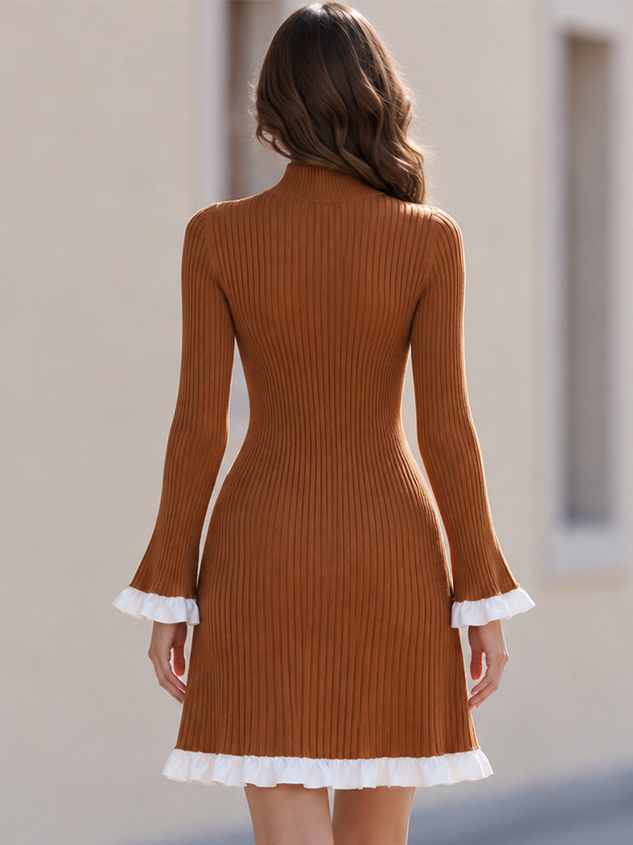 Ribbed Knit Mini Dress with Contrast Ruffle Trim