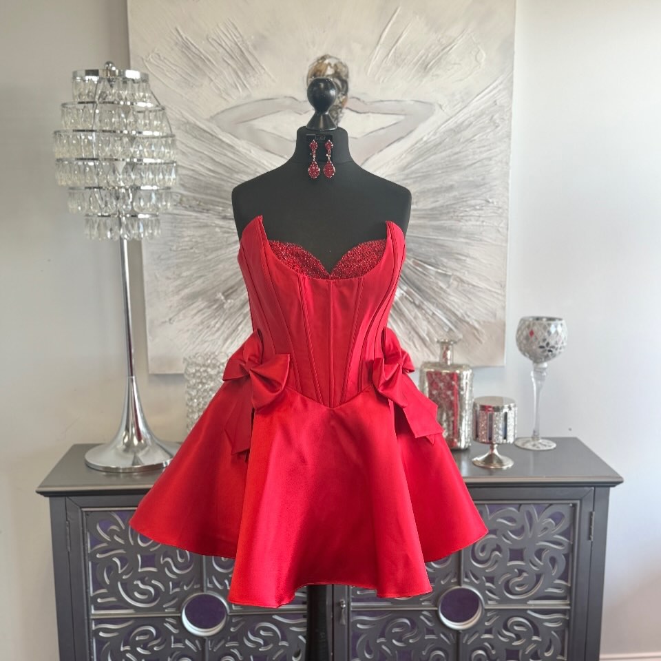 Strapless Corset Satin Mini Dress with Bows