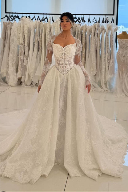 Lace Long Sleeve Corset Wedding Dress with Overskirt