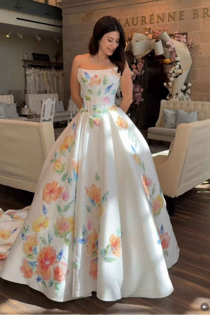 Floral Print Strapless Corset Ball Gown Wedding Dress