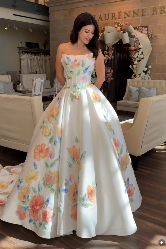 Floral Print Strapless Corset Ball Gown Wedding Dress