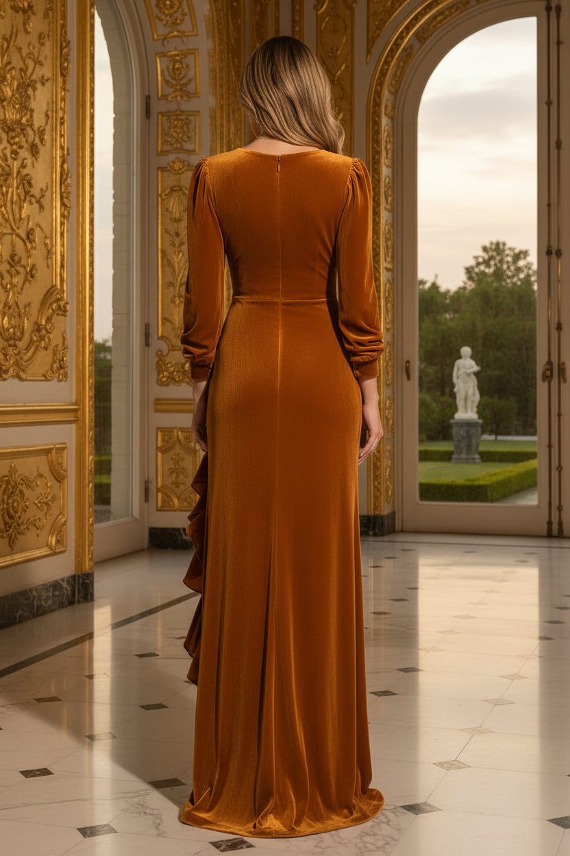 Velvet Wrap Maxi Dress with Ruffle Detail