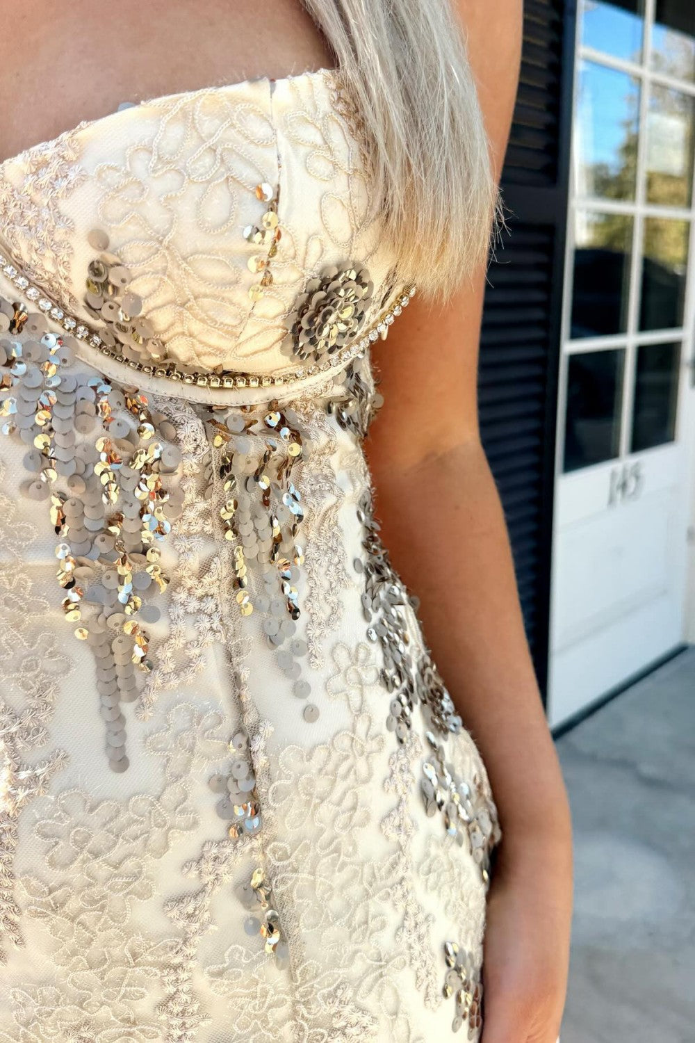 Sequin Lace Mini Dress with Sweetheart Neckline