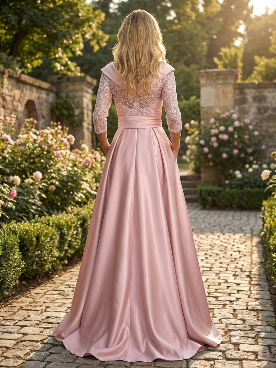 A-Line Satin and Lace Evening Gown with Pockets
