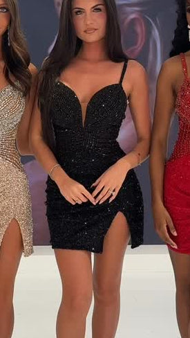 Deep V-Neck Sequin Mini Dress with Slit