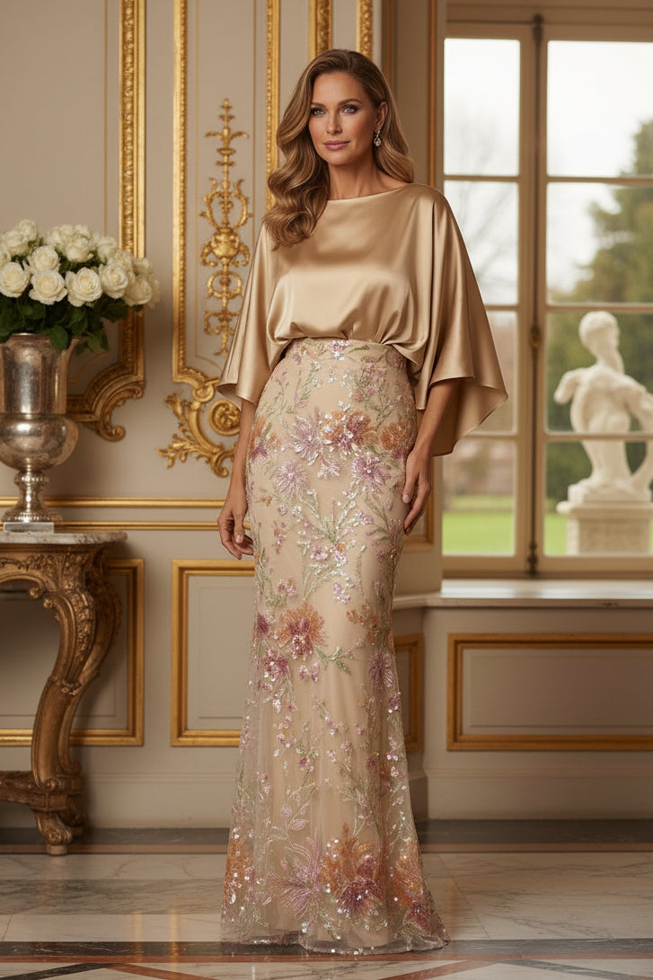 Satin Cape Bodice Sequin Floral Evening Gown