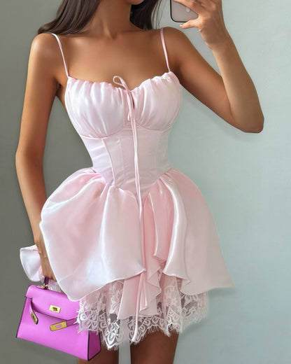 Corset Mini Dress with Lace Trim Hem