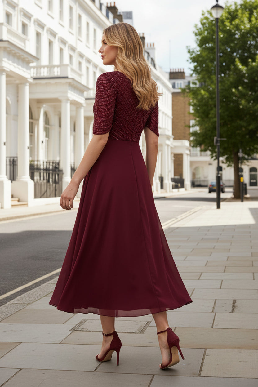 Beaded V-Neck Flutter Sleeve Midi A-Line Dress