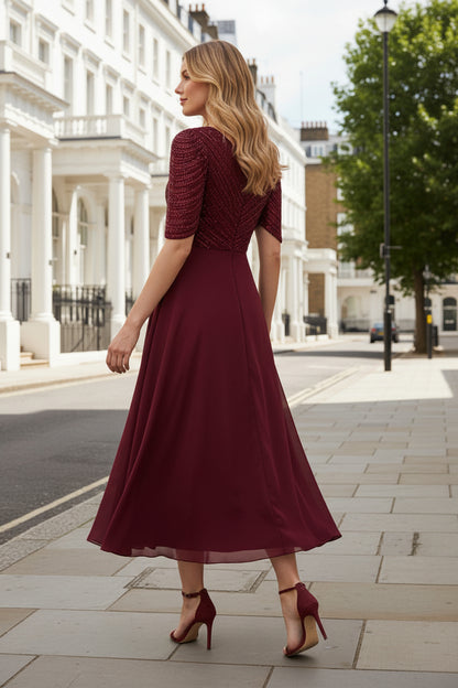 Beaded V-Neck Flutter Sleeve Midi A-Line Dress
