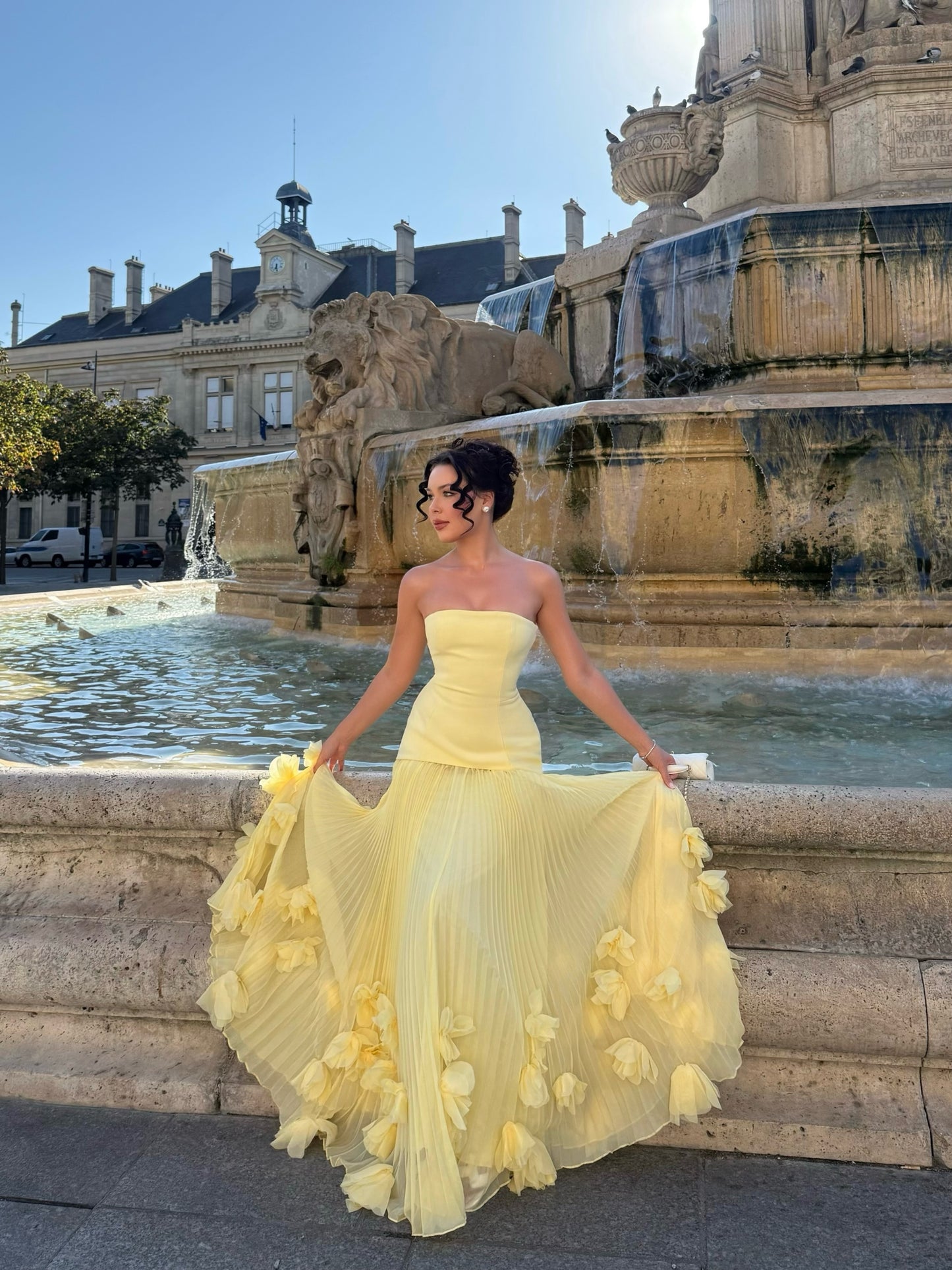 Strapless Pleated Evening Gown with 3D Florals