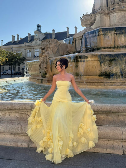 Strapless Pleated Evening Gown with 3D Florals