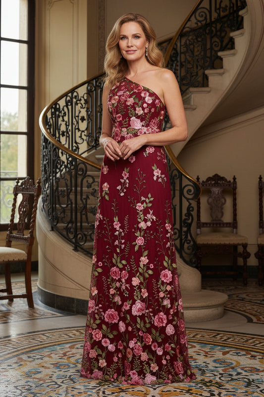 One-Shoulder Embroidered Floral A-Line Gown