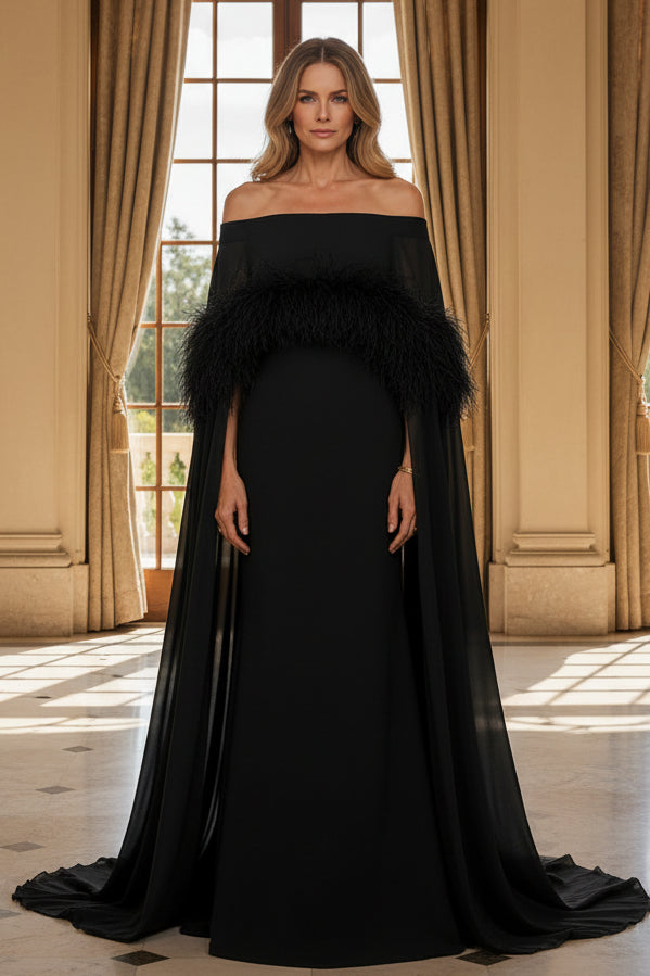 Off-the-Shoulder Gown with Feather Trim & Cape Sleeves