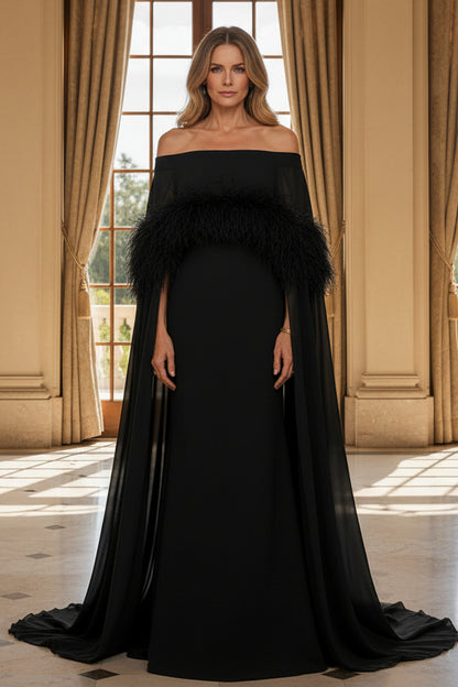 Off-the-Shoulder Gown with Feather Trim & Cape Sleeves