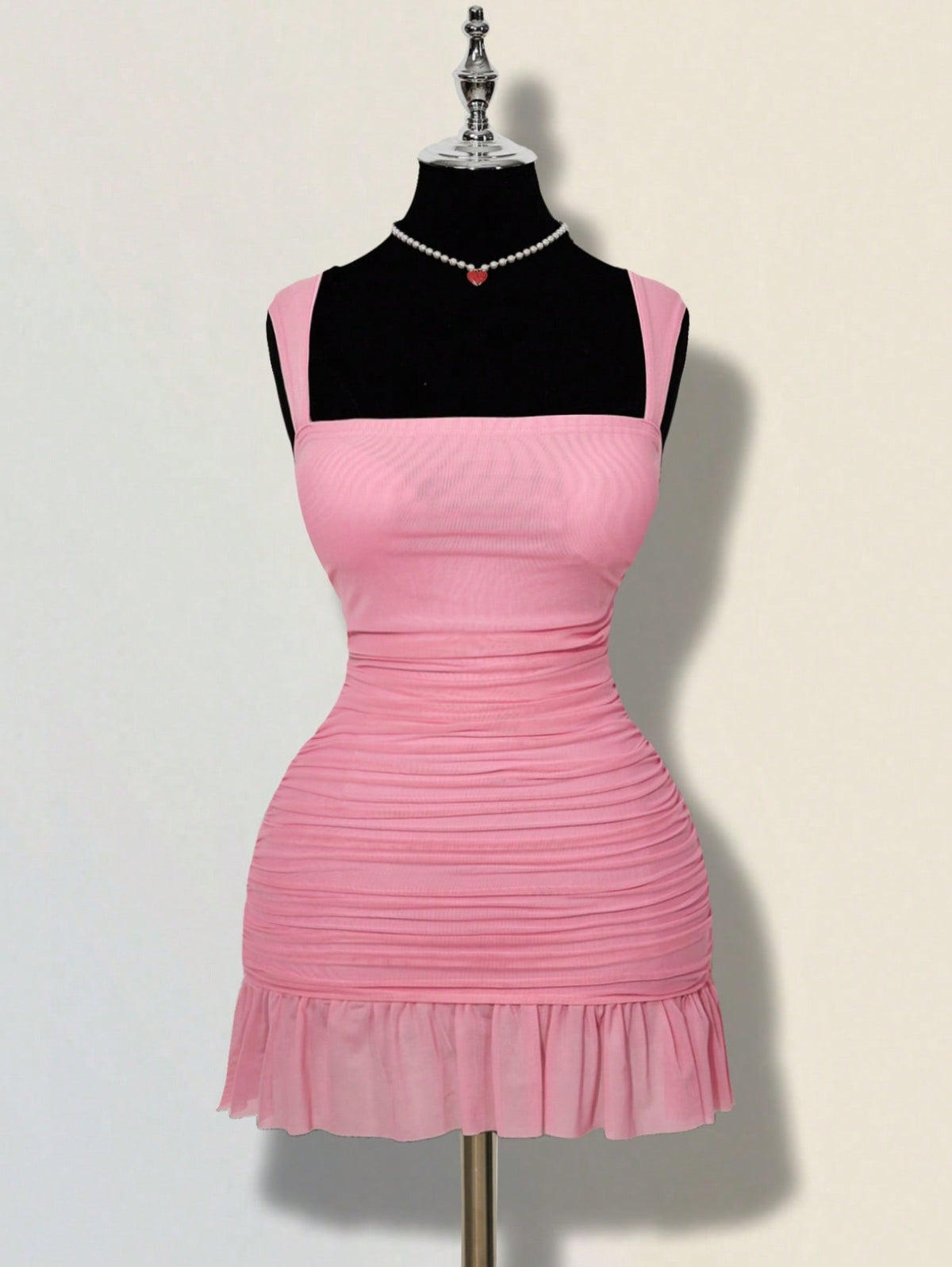 Ruched Square Neck Mini Dress with Ruffle Hem