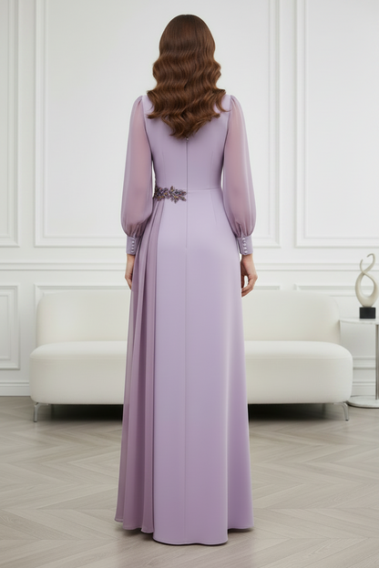Bateau Neck Long Sleeve Draped Evening Gown